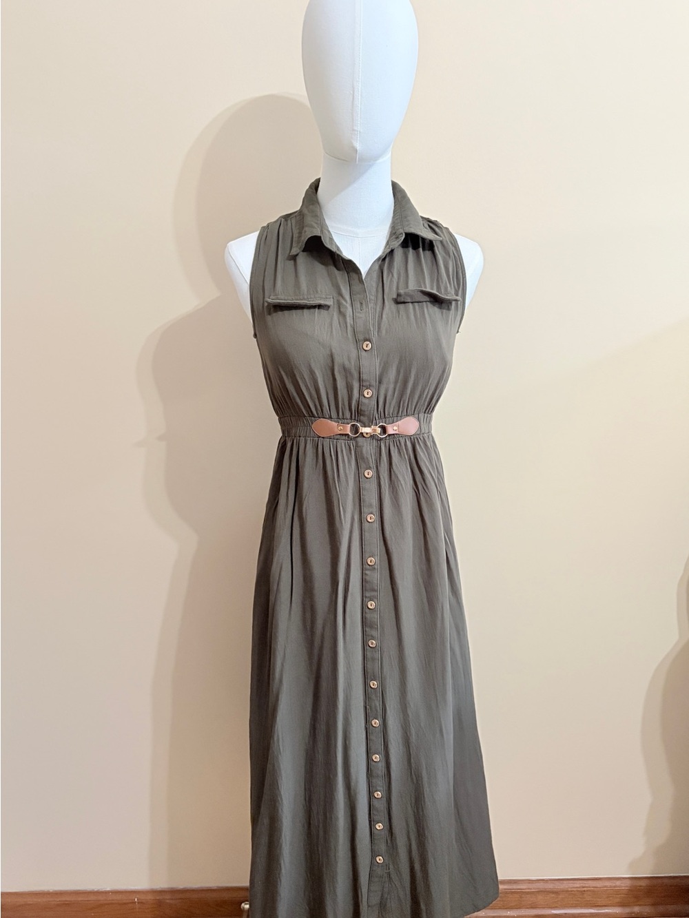 Ryan Michelle Olive Green Maxi‎ Shirt Dress Size Petite Small